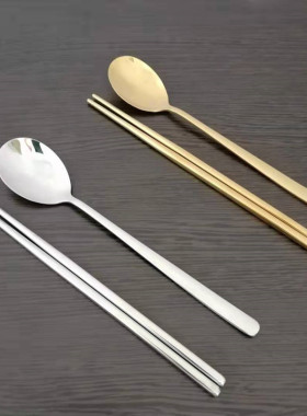 韩式304不锈钢餐具筷子勺子家用防滑韩国料理烤肉商用调羹金色