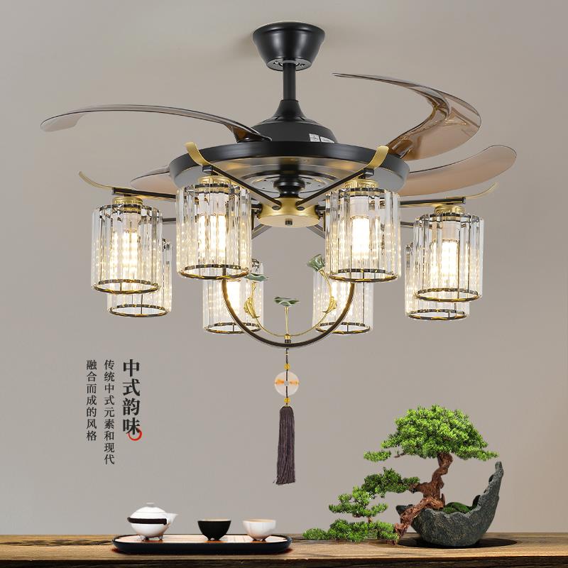 水晶新中式风扇灯隐形客厅灯扇吊灯遥控仿古中国风饭店餐馆餐厅灯