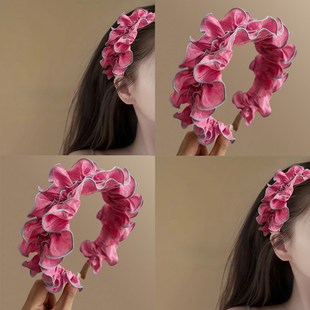 B氛围感气质头箍洗脸高颅顶盘发器 荷叶边褶皱发箍 糖渍莓莓 法式