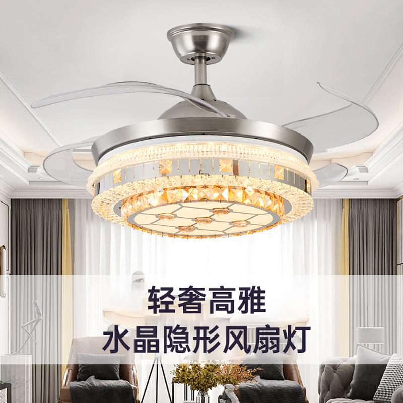 现代简约水晶吊扇灯隐形风扇灯家用客厅餐厅卧室大风力风扇吊灯