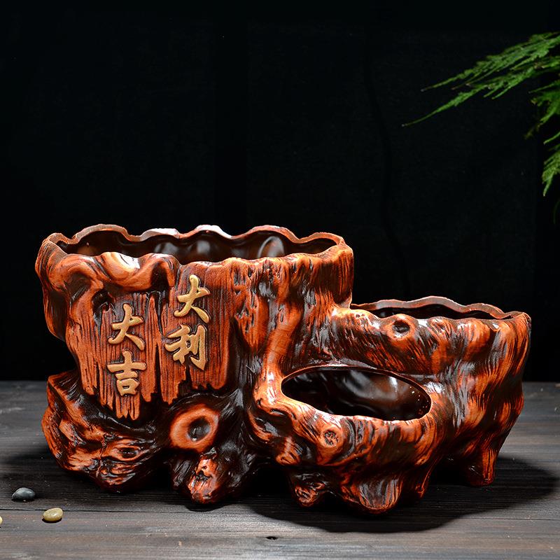 复古红陶陶瓷花盆三孔大吉大利花盆发财树君子兰绿植盆栽桌面摆件