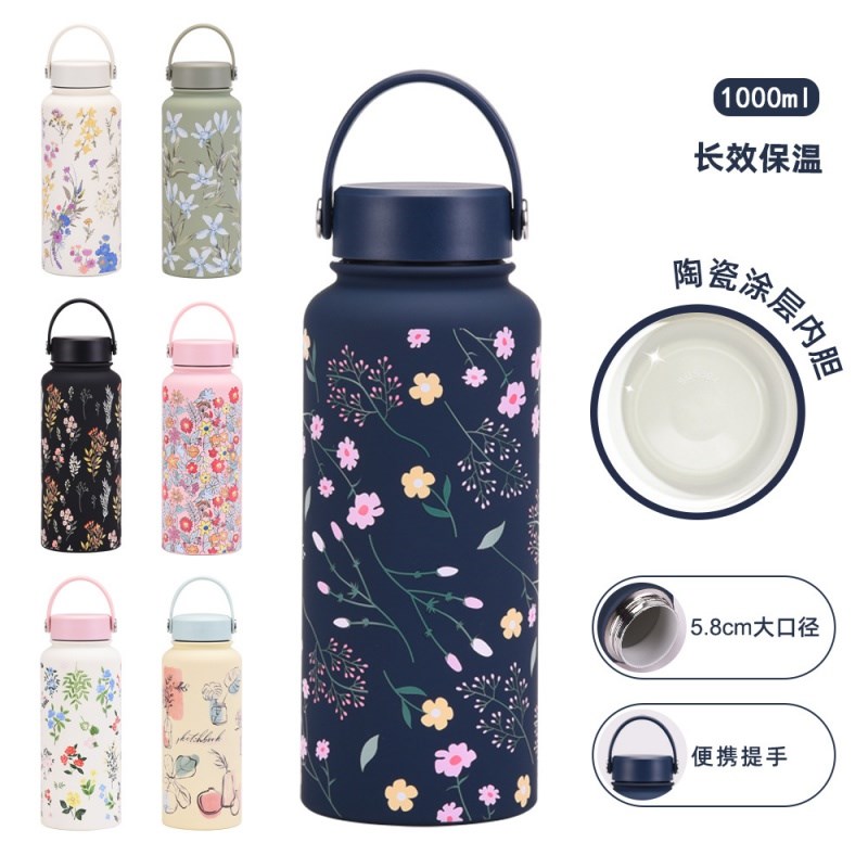 新款1L大c容量保温杯广口便携真空运动水壶陶瓷涂层内胆印花水杯