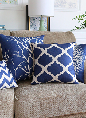 松果屋蓝色地中海风情沙发棉麻抱A枕装饰样板间床头靠垫办公室靠