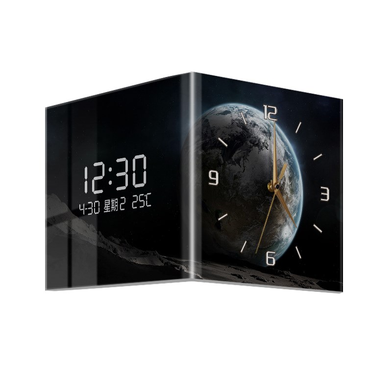 日照金山b简约现代风景客厅转角挂钟家用数显屏双面时钟创意钟表