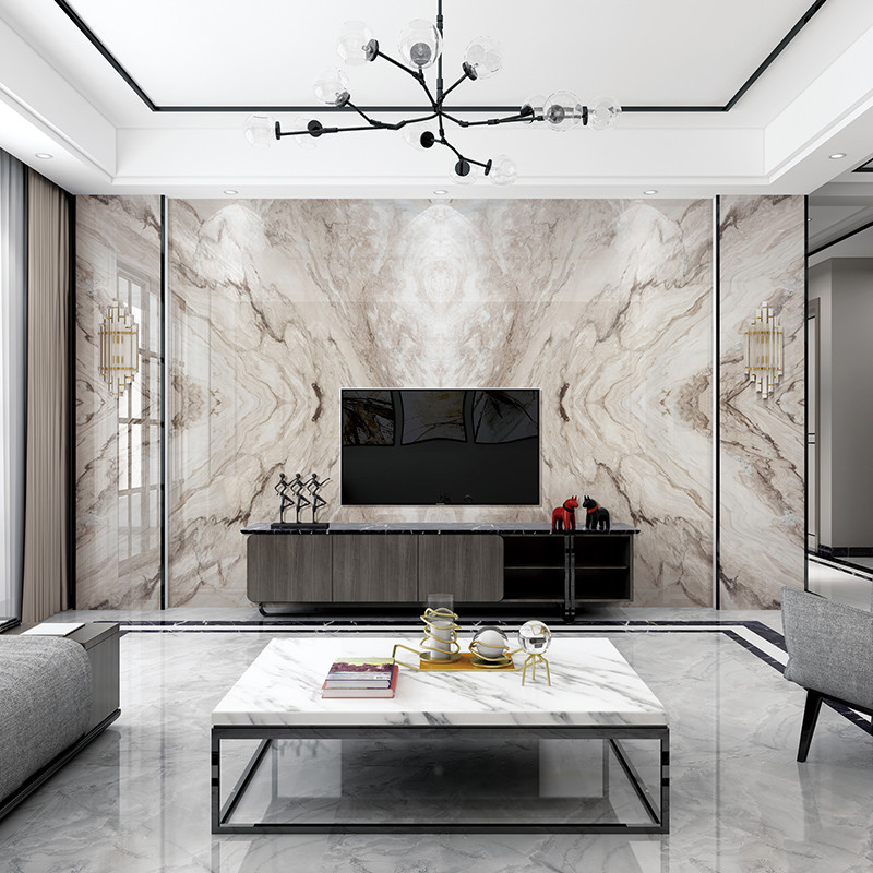 现代简约客厅电视背景墙瓷砖微晶石欧式大理石Q材岩板影视墙护墙