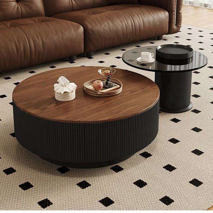 中古风岩板圆形茶几客厅家用现代轻奢高级简约古风胡桃木意式组合