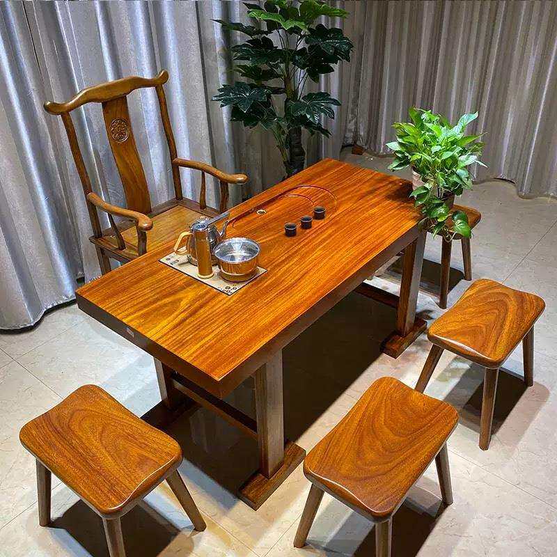 奥坎实木大板非洲绿心檀湿泡茶电组合新中式原木整板桌椅套装茶几