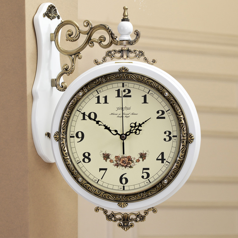 欧式双面客厅e挂钟静音两面时钟实木复古石英钟表墙壁钟表时尚创
