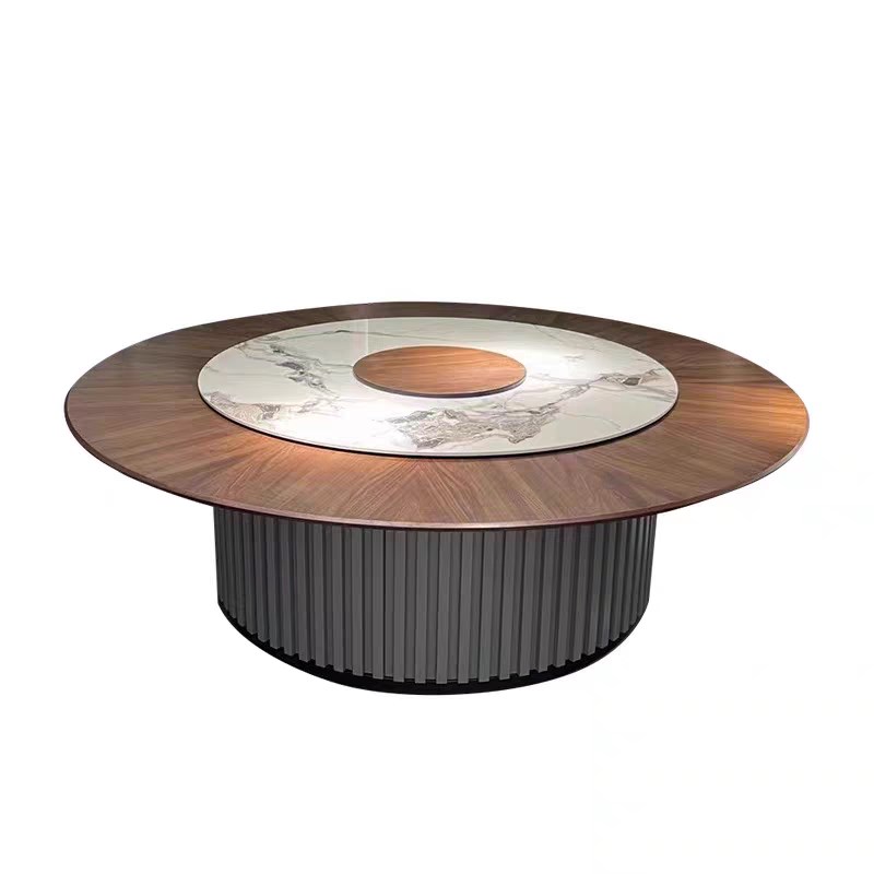 新中式实木镶嵌岩板酒店电动t大圆桌转盘12饭店15别墅20人火锅餐