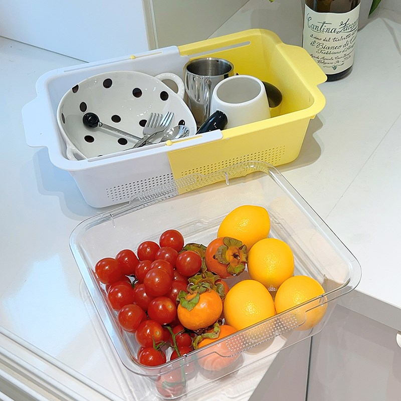家用厨房可伸缩沥水篮蔬果盆双层两用洗菜M篮少女心可爱厨房用品