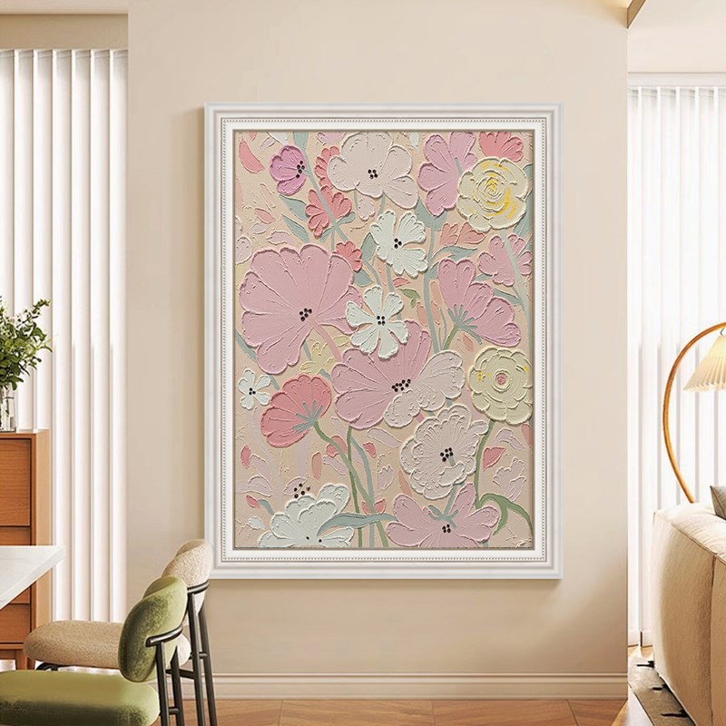 高级感彩色多巴胺花卉客厅装饰画奶油风肌理花朵手绘油画玄关挂画图片