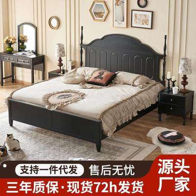 1.5米复古法式实木床卧室樱桃色原木主卧婚床简约1.8米黑色双人床