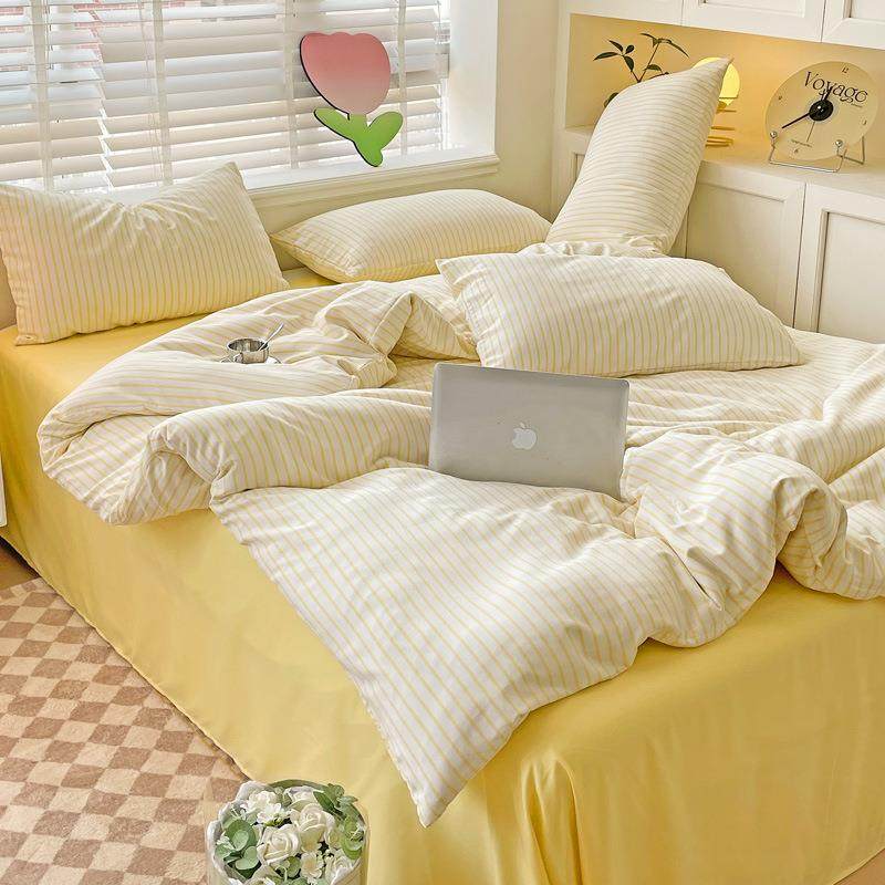 简约多巴胺床上四件套双层纱条纹水洗棉被套罩宿舍三件套床单
