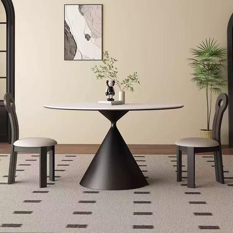 法式洽谈桌岩板圆形餐桌纯白色现代简约圆桌小户型家用饭桌椅组合