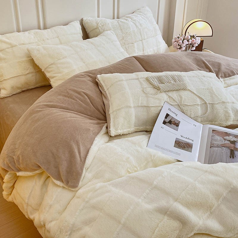 冬季兔兔绒f床上四件套加厚牛奶绒床单被套保暖双面法拉绒床笠