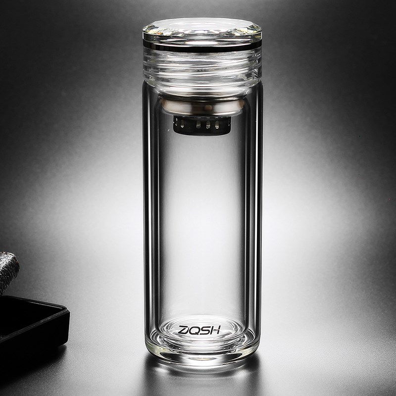 高档透明水晶玻璃盖双层玻璃杯迷B你便携办公室泡茶水杯子家用车