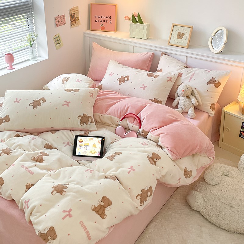 牛奶绒四件套加厚珊瑚绒床单双面加绒被套床笠Q法兰绒床上用品冬