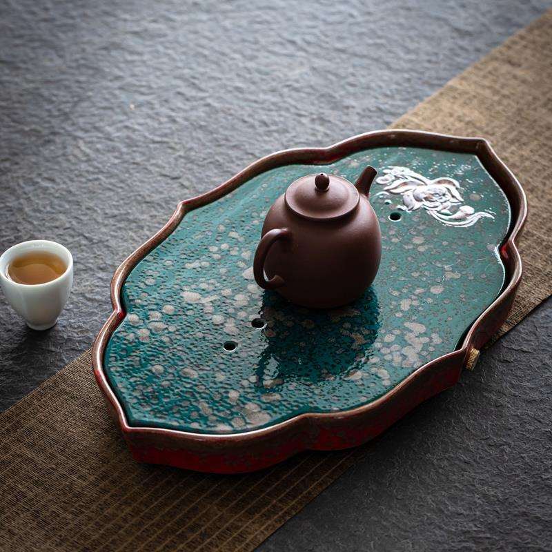 窑变禅意干泡盘家用粗陶瓷茶托日式小茶台储水式排水两用简约茶盘