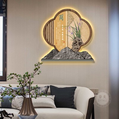 入户玄关装饰画新中式梅兰竹菊喝茶室馆挂画走廊道背景墙带灯壁画