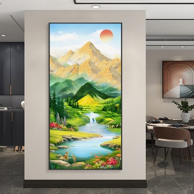 风景旭日东升壁画过道山水挂画走廊正对门客厅装饰画玄关油画入户