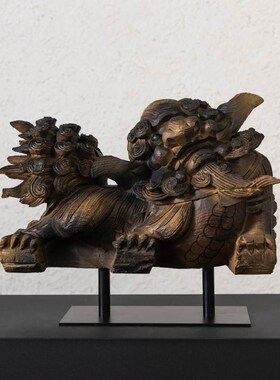新中式创意仿木雕狮子摆件家居饰品酒柜客厅装饰品复古摆设工艺品