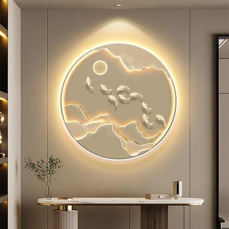 新中式背有靠山水圆形玄关装饰画高级感入户挂画带灯轻奢走廊壁画