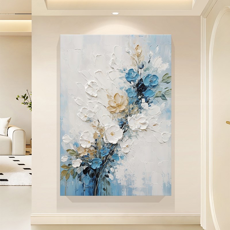 手绘油画奶油风客厅方形蓝色装饰画餐厅大幅高级感花卉挂画肌理画图片