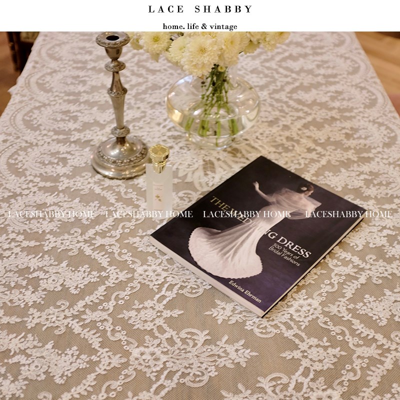 LACESHABBY新款欧式复古轻奢白色浮雕绣花蕾丝珍珠流苏桌旗桌布