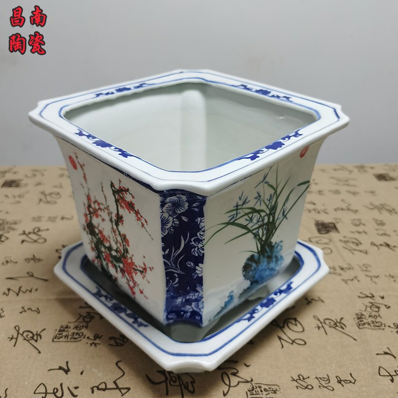 景德镇陶瓷花盆青花瓷花器中式客厅阳台摆件兰花绿萝四方梅兰竹菊