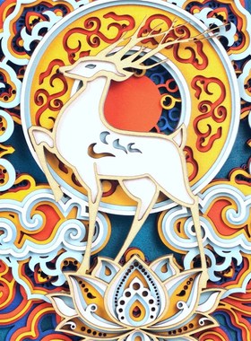 maxmake叠雕装饰画九色鹿新中式玄关酒柜办公室摆件开业乔迁礼品