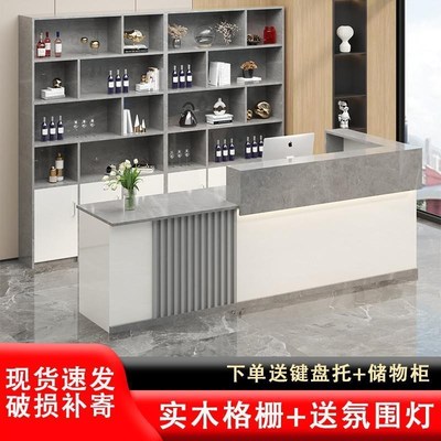 多层实木板酒柜定制餐厅吧台收银台饭店前台接待台店铺转角理发店