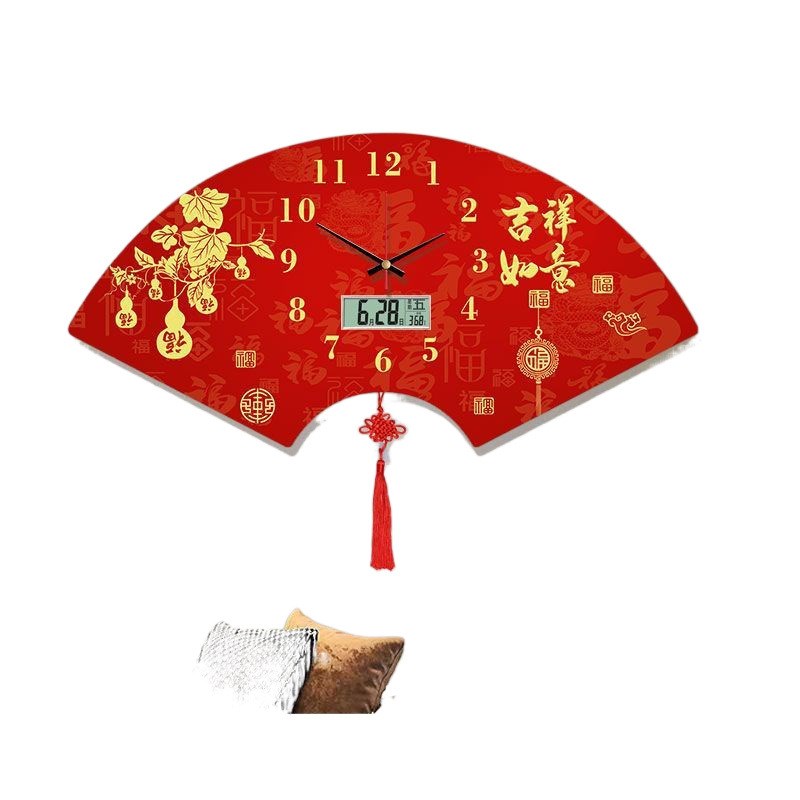 hot钟表客厅墙上新款挂钟现代时钟餐厅挂墙打孔日历静音中国扇形