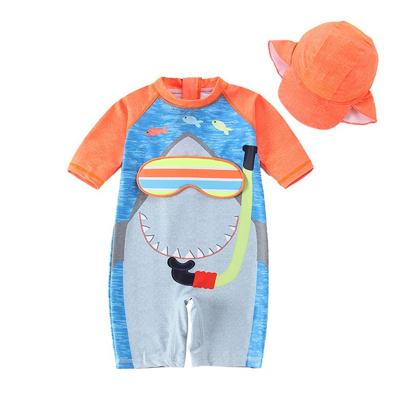 韩版新款儿童泳衣男童连体可爱鲨鱼宝宝婴儿防晒游泳衣游泳裤套装
