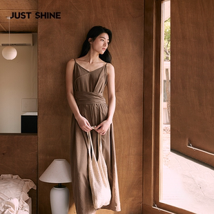 JUST SHINE/时晒亚麻吊带连衣裙女夏季收腰显瘦长裙极简裙