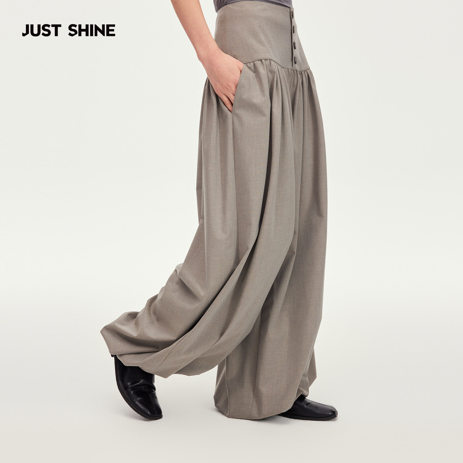 JUST SHINE/时晒舒适松弛感慵懒风高腰褶皱阔腿裤垂感休闲灯笼裤图片