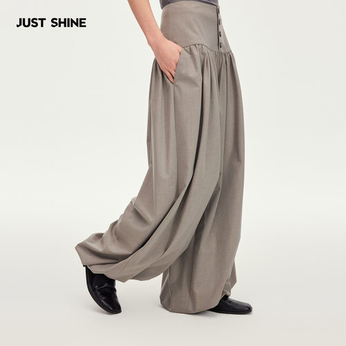 JUST SHINE/时晒舒适松弛感慵懒风高腰褶皱阔腿裤垂感休闲灯笼裤