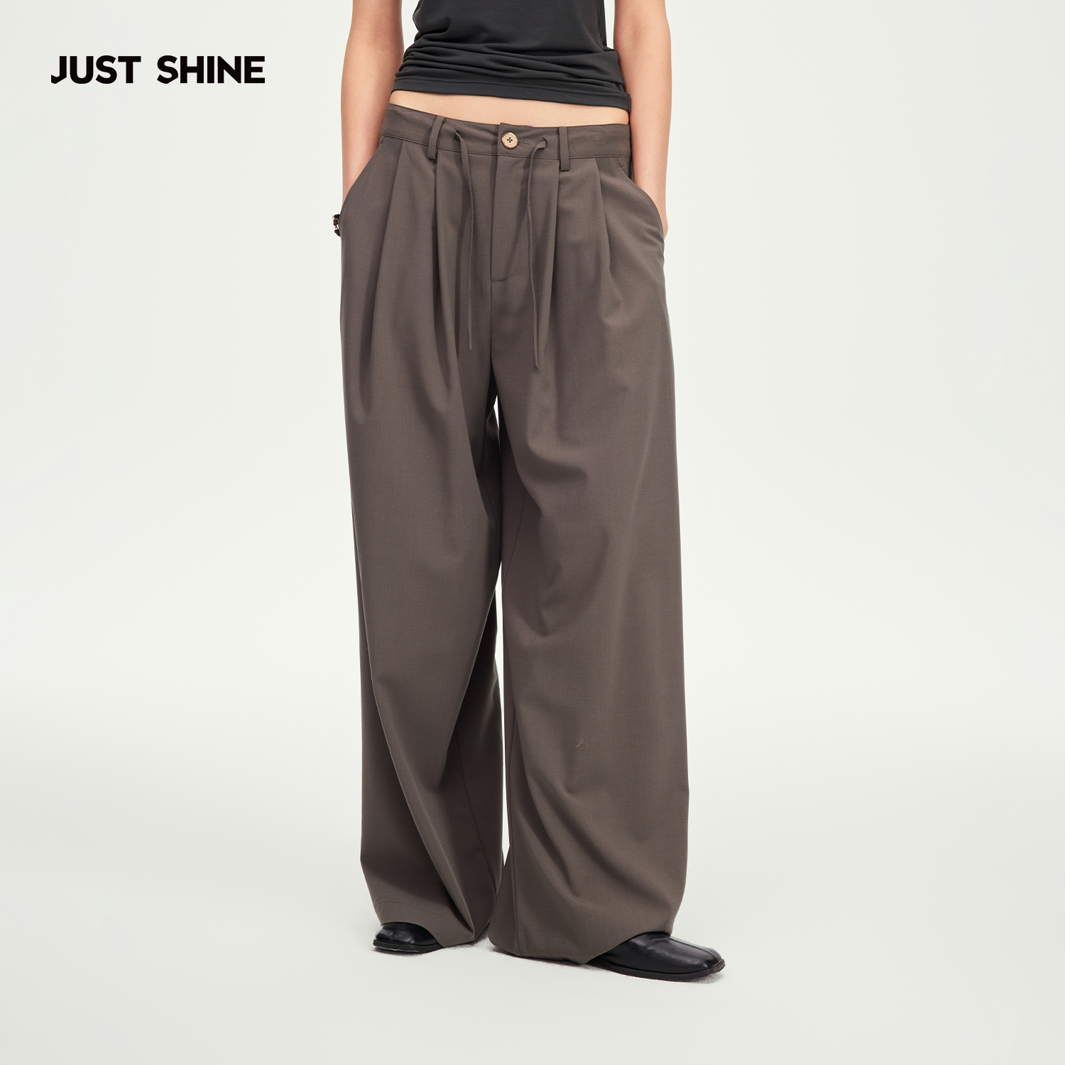 JUST SHINE/时晒风琴褶休闲西裤女高腰垂感抽绳宽松阔腿西装裤图片