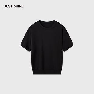 JUST SHINE/时晒极简风黑色圆领短袖针织衫男女百搭显瘦纯色上衣