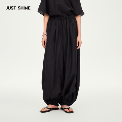JUST SHINE/时晒极简风纯色抽褶灯笼裤抽绳裤日系休闲垂感阔腿裤