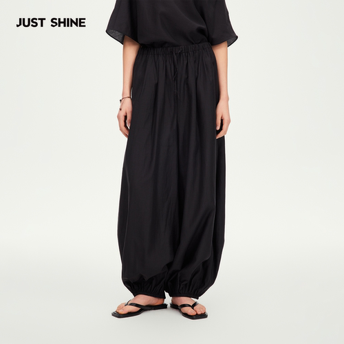 JUST SHINE/时晒极简风纯色抽褶灯笼裤抽绳裤日系休闲垂感阔腿裤