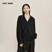 JUST 别致上衣 宽松显瘦长袖 SHINE 时晒小众设计感白色翻领T恤新款