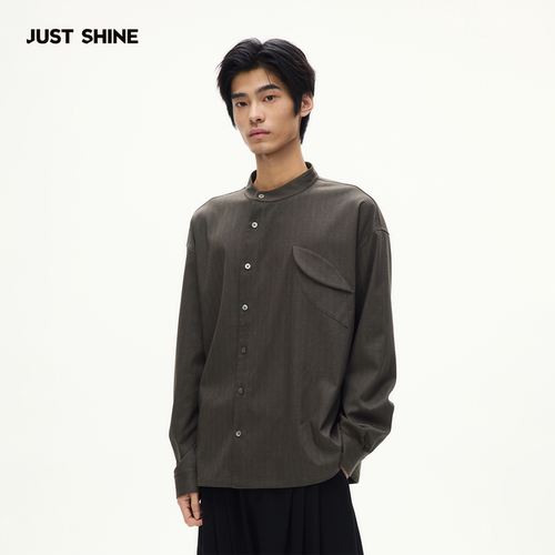 JUST SHINE/时晒新中式立领衬衫男斜襟设计感叶形口袋宽松长袖