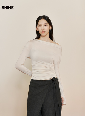 JUST SHINE 白色露肩褶皱收腰上衣修身长袖显瘦辣妹风内搭打底衫