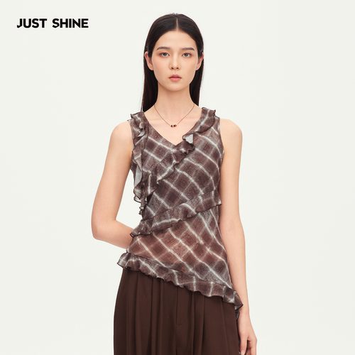 JUST SHINE/时晒拼接荷叶边格纹背心女新中式不规则显瘦无袖上衣