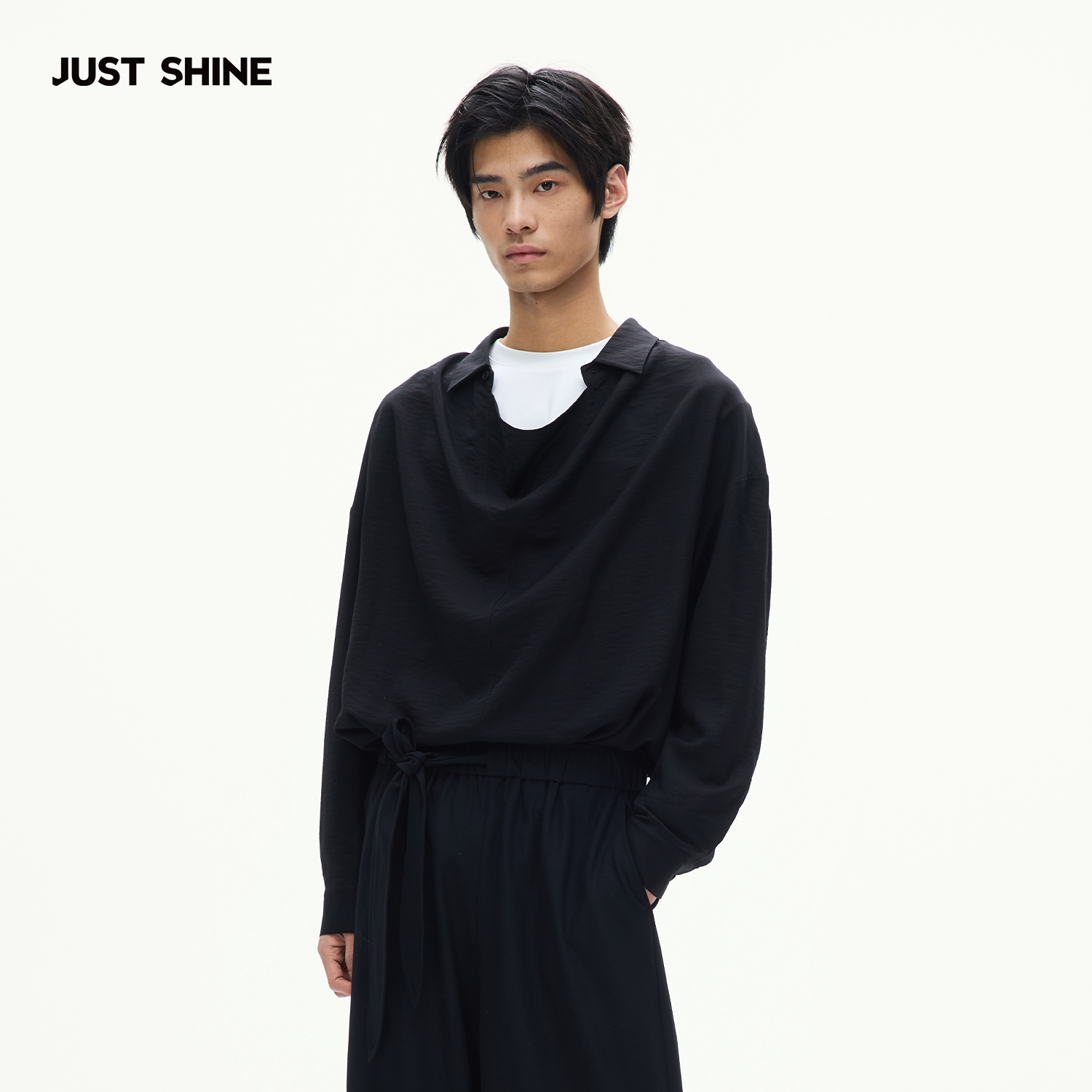 JUST SHINE/时晒松弛感荡领长袖衬衫竹纤维透气宽松落肩衬衣男图片