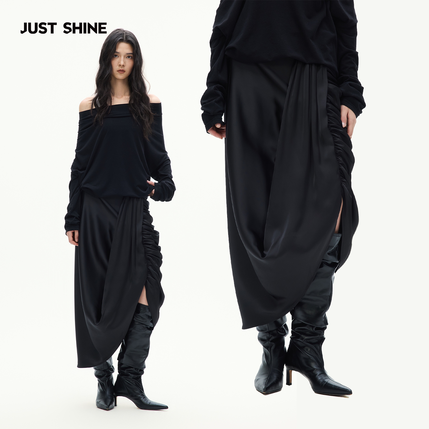 JUST SHINE/时晒不规则小众设计裙女堆褶垂感解构氛围感半身裙图片