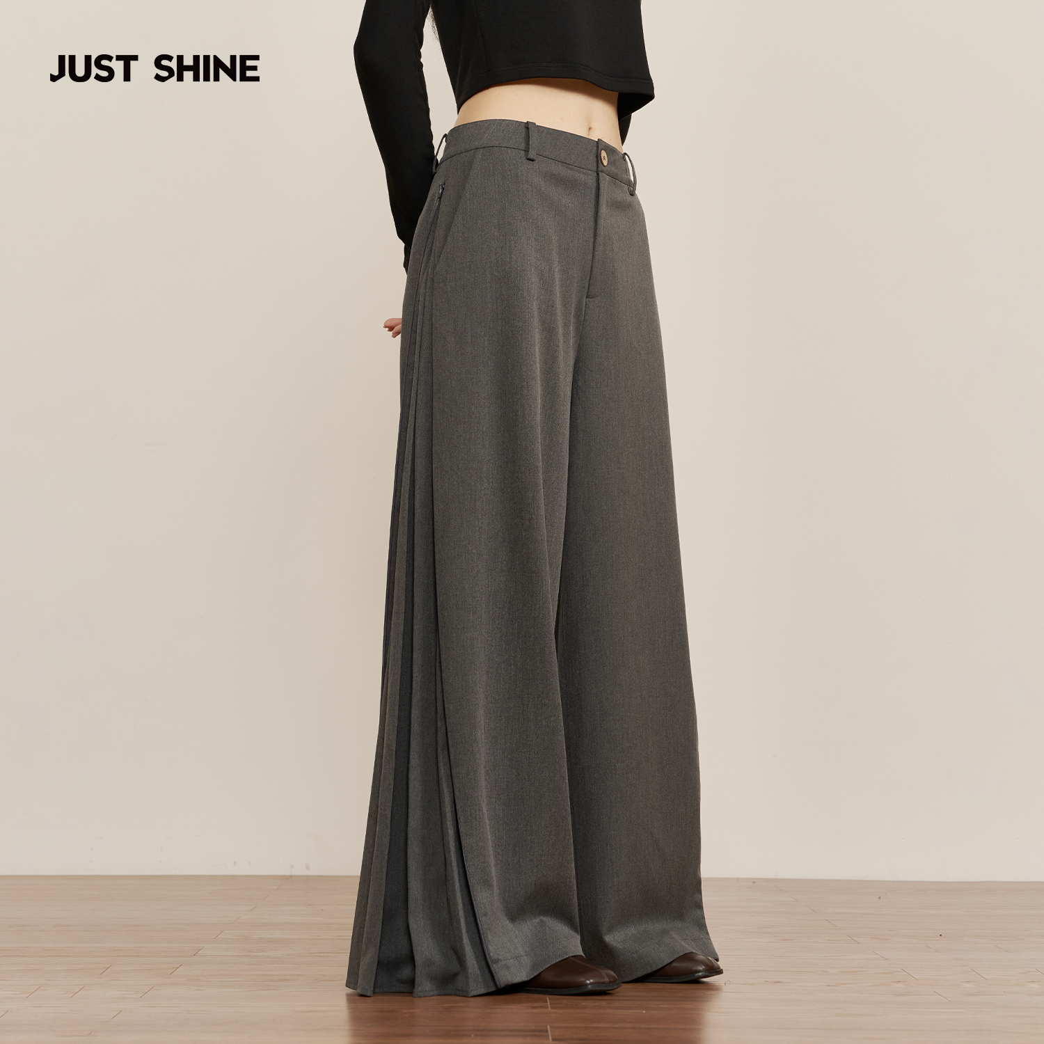 JUST SHINE/时晒灰色高腰垂坠阔腿裤秋冬高级感显瘦通勤西装长裤,女装/女士精品,西装裤/正装裤,淘宝优惠券,粉丝福利购,淘宝优惠卷