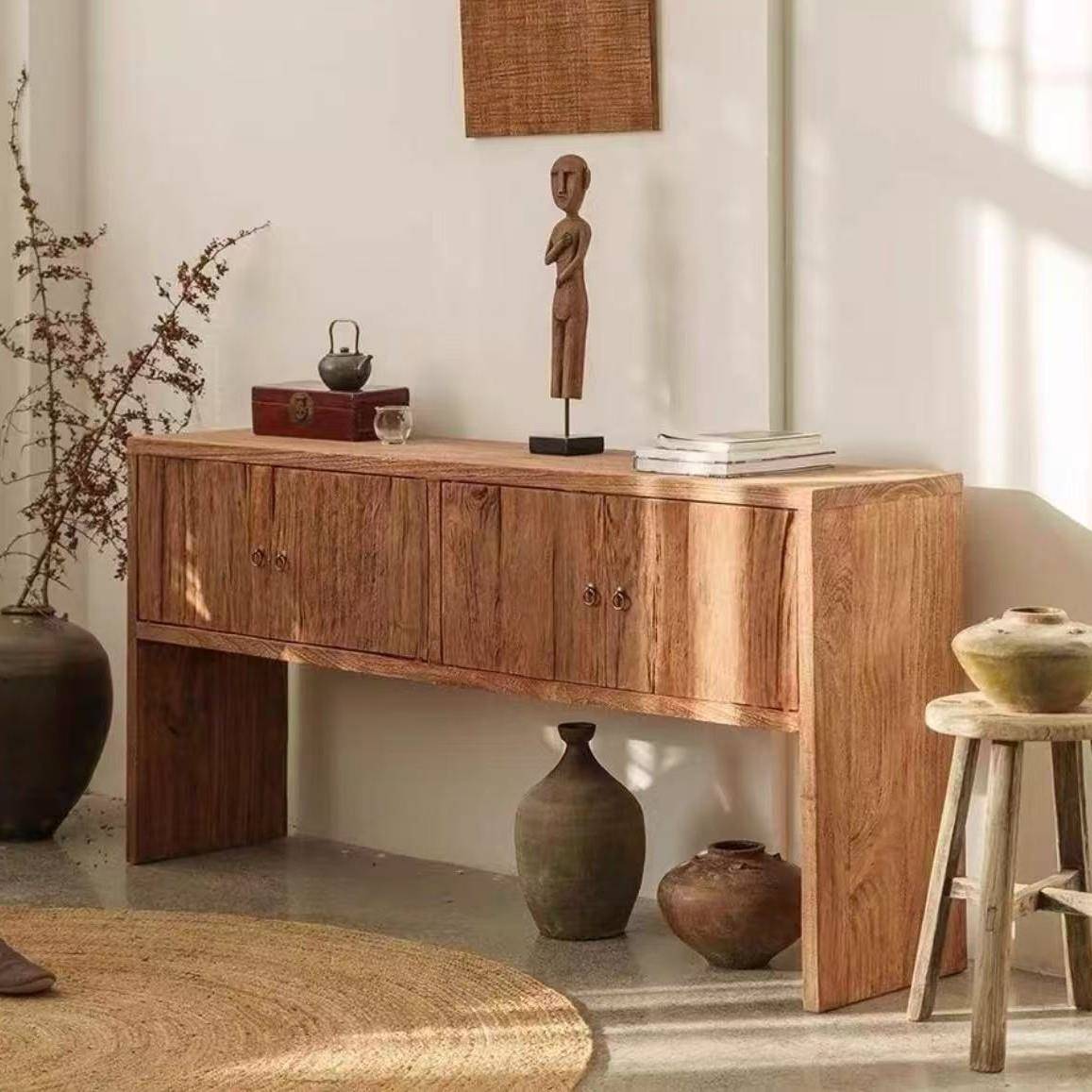 复古风老榆木餐边柜家用实木装饰柜储物茶水装饰品矮柜靠墙玄关柜