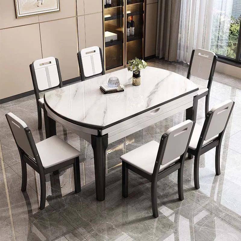 岩板餐桌餐椅组合小户型简约餐桌家用实木吃饭桌子圆桌可伸缩折叠