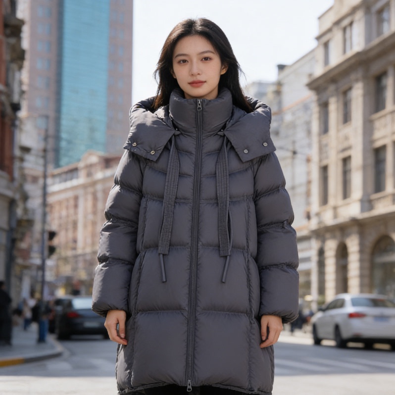 高级廓形连帽羽绒服女中长款95系列白鸭绒冬季加厚保暖软fufu外套
